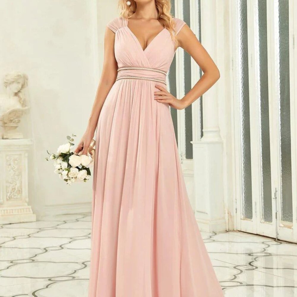 NEW EverPretty Womens V-Neck Sleeveless Beaded Belt Chiffon A-Line Evening Dress